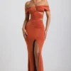 Karleen Slinky Jersey Cut-Out Halterneck Gown in Burnt Orange