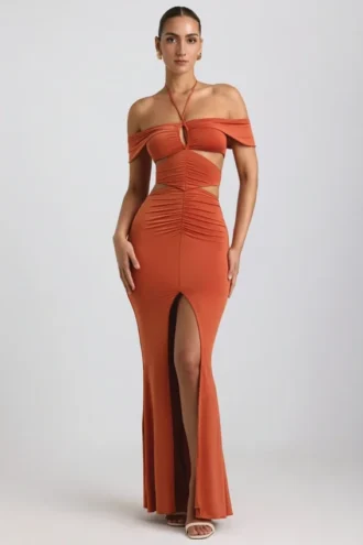 Karleen Slinky Jersey Cut-Out Halterneck Gown in Burnt Orange
