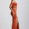 Karleen Slinky Jersey Cut-Out Halterneck Gown in Burnt Orange