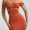 Karleen Slinky Jersey Cut-Out Halterneck Gown in Burnt Orange