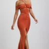 Karleen Slinky Jersey Cut-Out Halterneck Gown in Burnt Orange