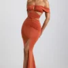 Karleen Slinky Jersey Cut-Out Halterneck Gown in Burnt Orange