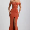 Karleen Slinky Jersey Cut-Out Halterneck Gown in Burnt Orange