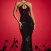 Kassie Embellished Cut-Out Halterneck Gown in Black Kassie Embellished Cut-Out Halterneck Gown in Black