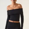 Kesia Modal Off-Shoulder Long-Sleeve Top in Black
