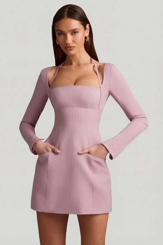 Ksenia Pinstripe Structured A-Line Mini Dress in Mauve Ksenia Pinstripe Structured A-Line Mini Dress in Mauve