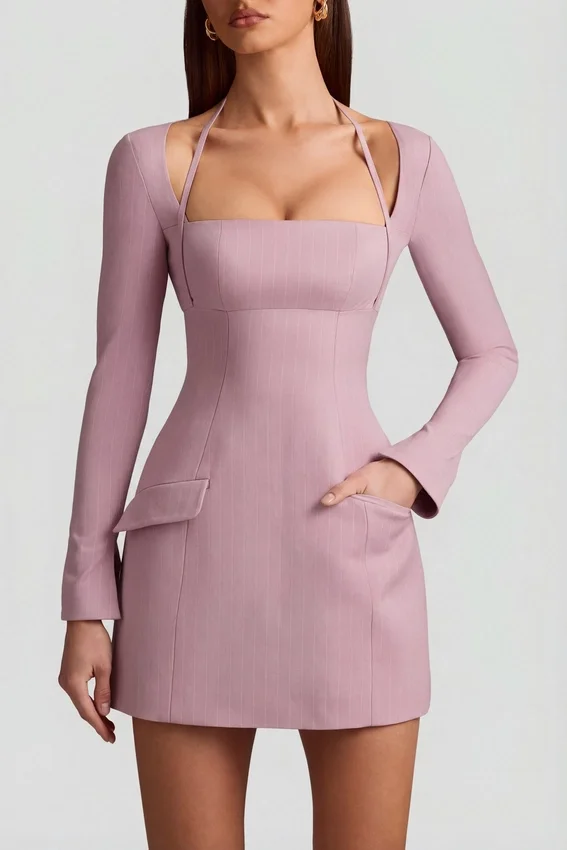 Ksenia Pinstripe Structured A-Line Mini Dress in Mauve Ksenia Pinstripe Structured A-Line Mini Dress in Mauve