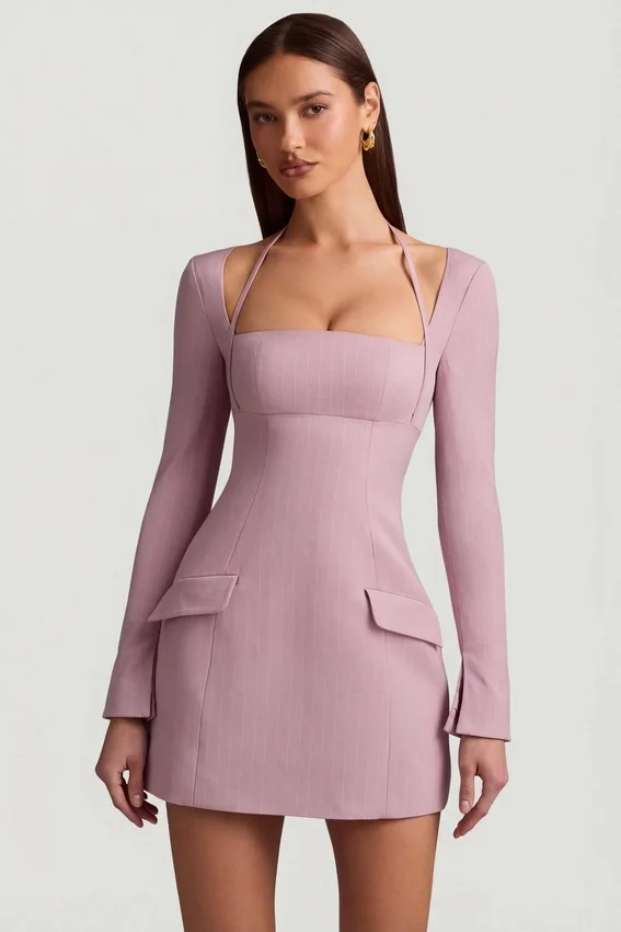 Ksenia Pinstripe Structured A-Line Mini Dress in Mauve Ksenia Pinstripe Structured A-Line Mini Dress in Mauve