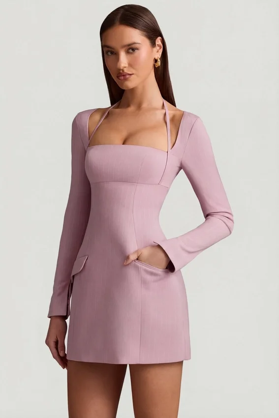 Ksenia Pinstripe Structured A-Line Mini Dress in Mauve Ksenia Pinstripe Structured A-Line Mini Dress in Mauve