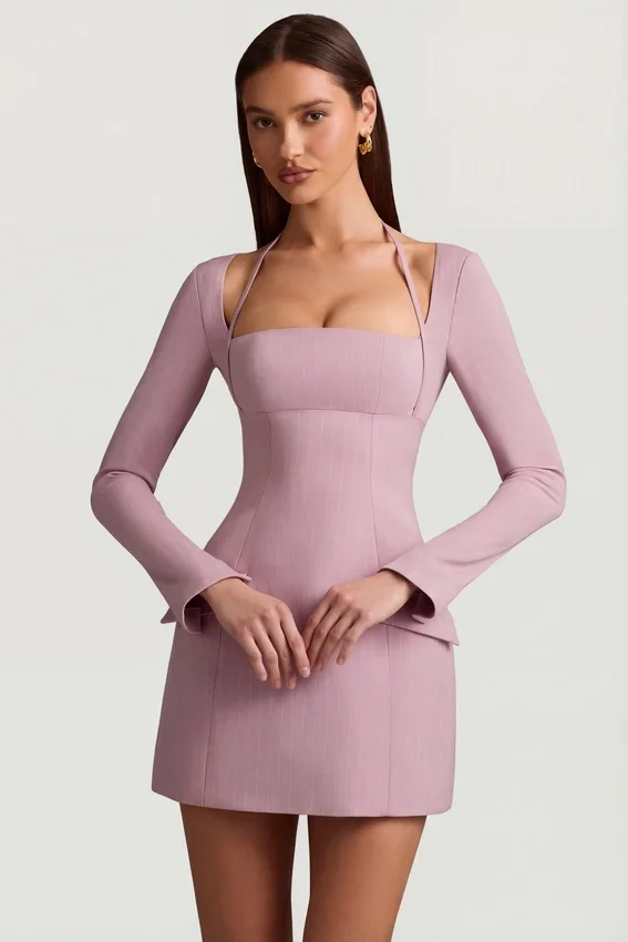 Ksenia Pinstripe Structured A-Line Mini Dress in Mauve Ksenia Pinstripe Structured A-Line Mini Dress in Mauve