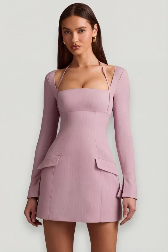 Ksenia Pinstripe Structured A-Line Mini Dress in Mauve Ksenia Pinstripe Structured A-Line Mini Dress in Mauve