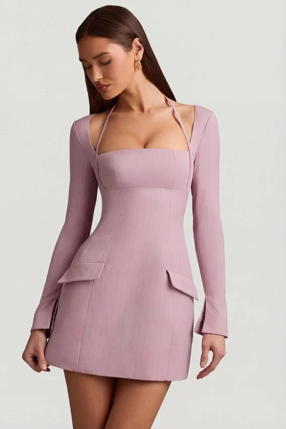 Ksenia Pinstripe Structured A-Line Mini Dress in Mauve Ksenia Pinstripe Structured A-Line Mini Dress in Mauve