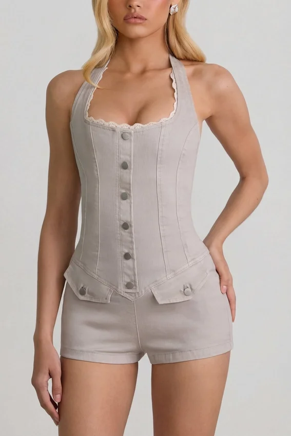Lalita Button-Down Halterneck Playsuit in Ecru Lalita Button-Down Halterneck Playsuit in Ecru