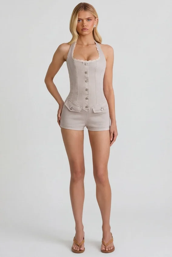 Lalita Button-Down Halterneck Playsuit in Ecru Lalita Button-Down Halterneck Playsuit in Ecru