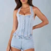 Lalita Button-Down Halterneck Playsuit in Light Denim Lalita Button-Down Halterneck Playsuit in Light Denim