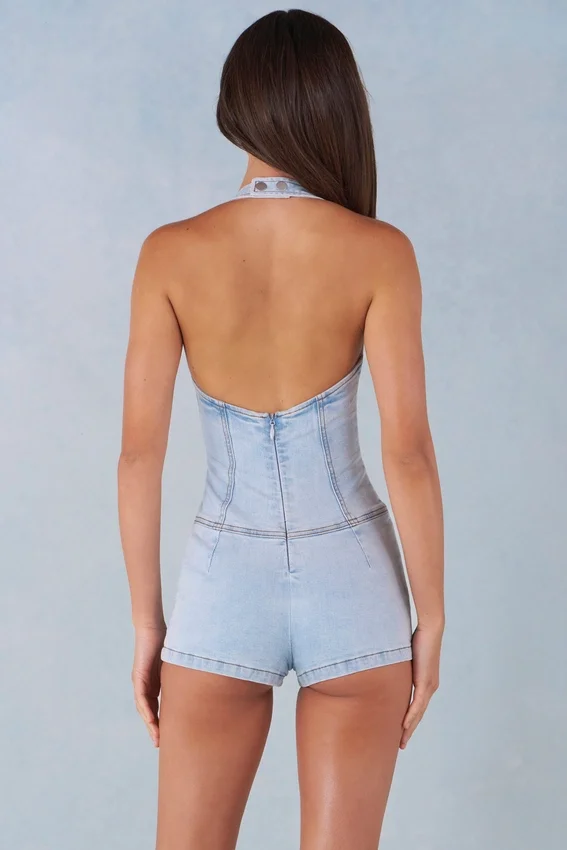 Lalita Button-Down Halterneck Playsuit in Light Denim Lalita Button-Down Halterneck Playsuit in Light Denim