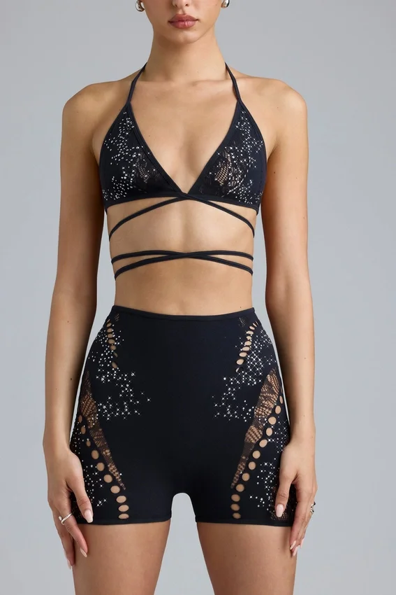 Liberty Embellished Cross-Strap Bikini Top in Black Liberty Embellished Cross-Strap Bikini Top in Black