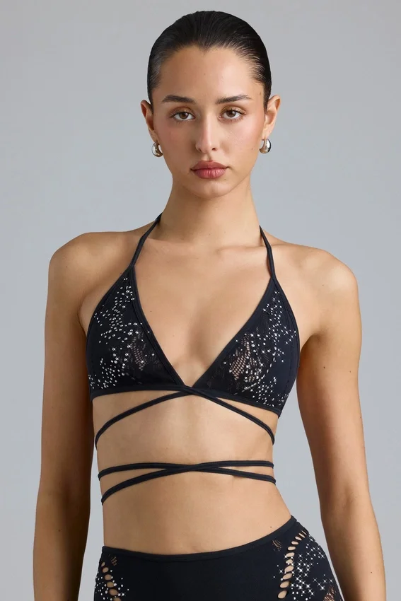 Liberty Embellished Cross-Strap Bikini Top in Black Liberty Embellished Cross-Strap Bikini Top in Black