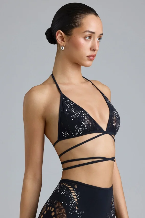 Liberty Embellished Cross-Strap Bikini Top in Black Liberty Embellished Cross-Strap Bikini Top in Black