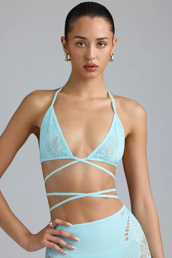 Liberty Embellished Cross-Strap Bikini Top in Ice Blue Liberty Embellished Cross-Strap Bikini Top in Ice Blue