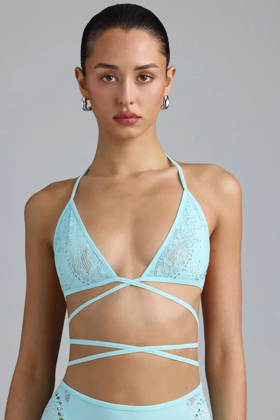 Liberty Embellished Cross-Strap Bikini Top in Ice Blue Liberty Embellished Cross-Strap Bikini Top in Ice Blue