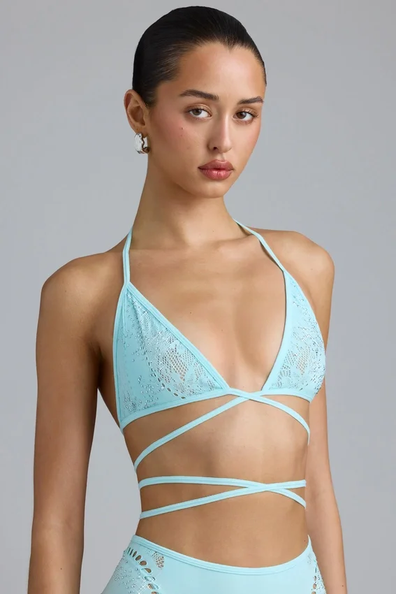 Liberty Embellished Cross-Strap Bikini Top in Ice Blue Liberty Embellished Cross-Strap Bikini Top in Ice Blue