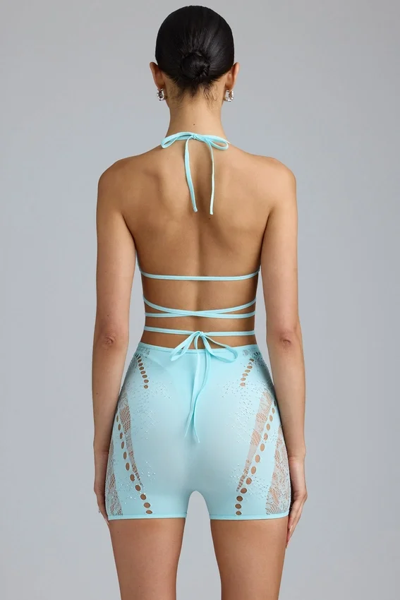 Liberty Embellished Cross-Strap Bikini Top in Ice Blue Liberty Embellished Cross-Strap Bikini Top in Ice Blue