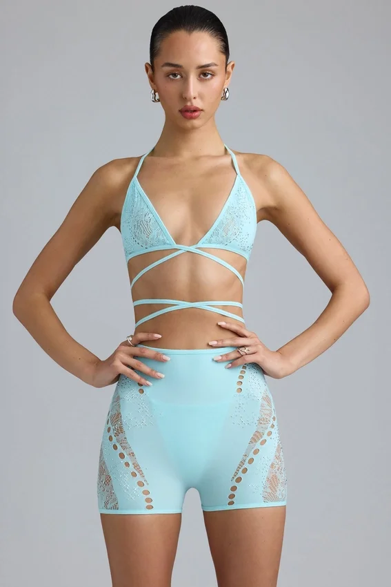 Liberty Embellished Cross-Strap Bikini Top in Ice Blue Liberty Embellished Cross-Strap Bikini Top in Ice Blue