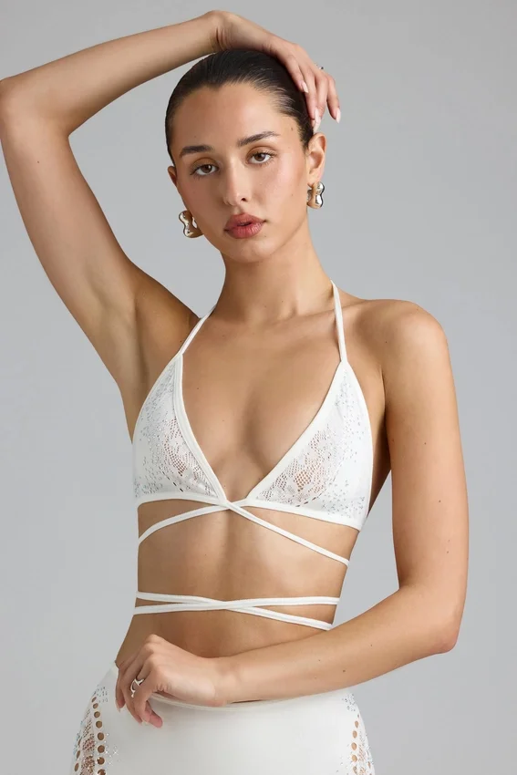 Liberty Embellished Cross-Strap Bikini Top in Ivory Liberty Embellished Cross-Strap Bikini Top in Ivory