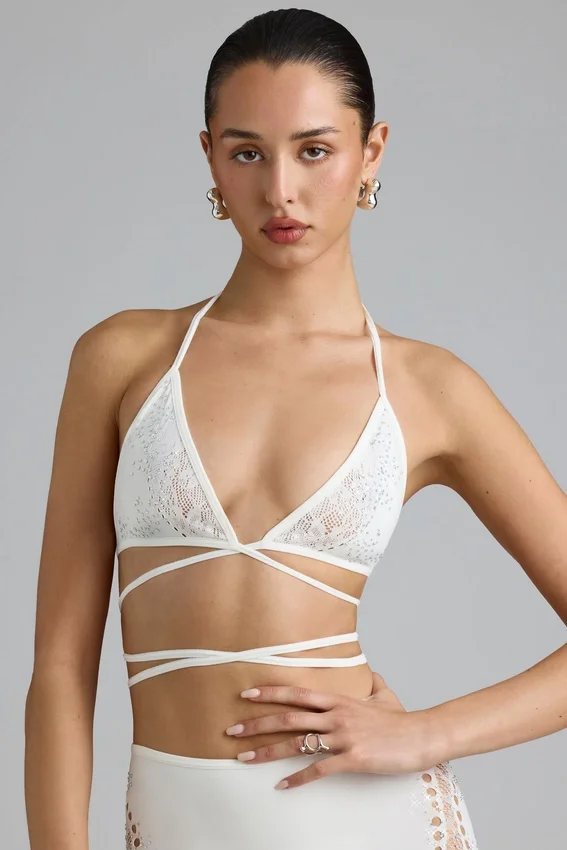 Liberty Embellished Cross-Strap Bikini Top in Ivory Liberty Embellished Cross-Strap Bikini Top in Ivory