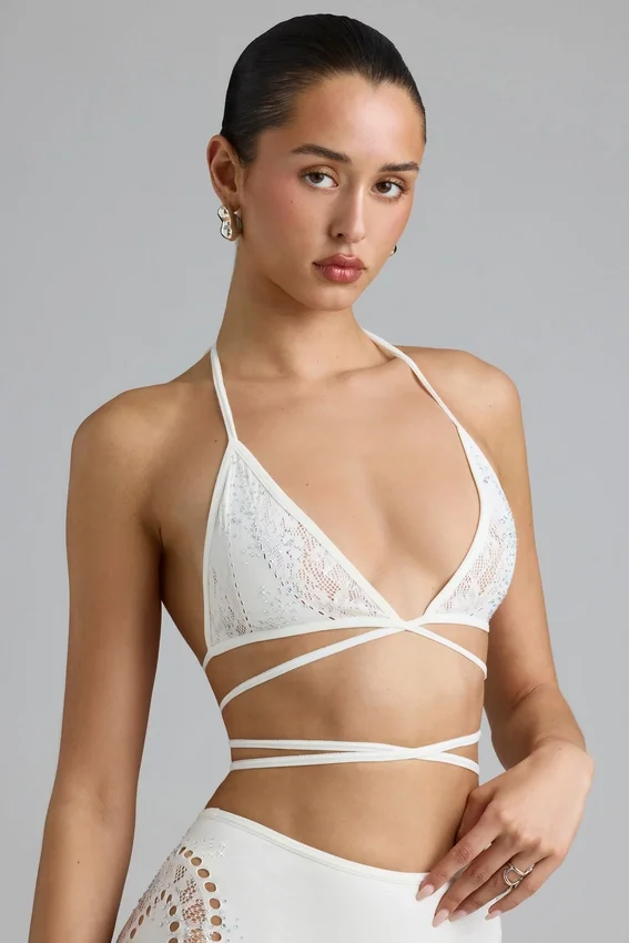 Liberty Embellished Cross-Strap Bikini Top in Ivory Liberty Embellished Cross-Strap Bikini Top in Ivory