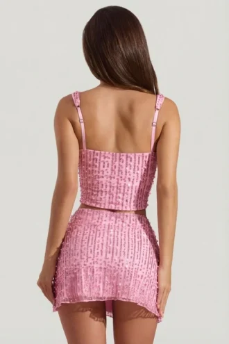 Lirael Embellished Square-Neck Crop Top in Pink