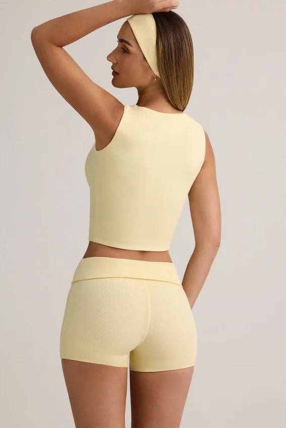 Lisha Modal Ribbed Mid-Rise Foldover Shorts in Buttercream Yellow Lisha Modal Ribbed Mid-Rise Foldover Shorts in Buttercream Yellow