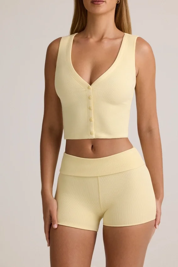 Lisha Modal Ribbed Mid-Rise Foldover Shorts in Buttercream Yellow Lisha Modal Ribbed Mid-Rise Foldover Shorts in Buttercream Yellow