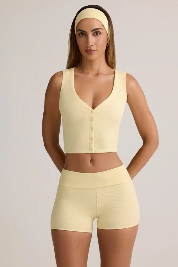 Lisha Modal Ribbed Mid-Rise Foldover Shorts in Buttercream Yellow Lisha Modal Ribbed Mid-Rise Foldover Shorts in Buttercream Yellow