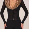 Loa Faux Fur-Trim Playsuit in Black Loa Faux Fur-Trim Playsuit in Black