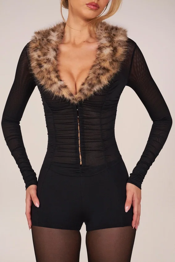Loa Faux Fur-Trim Playsuit in Black Loa Faux Fur-Trim Playsuit in Black