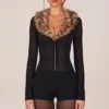 Loa Faux Fur-Trim Playsuit in Black Loa Faux Fur-Trim Playsuit in Black