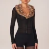 Loa Faux Fur-Trim Playsuit in Black Loa Faux Fur-Trim Playsuit in Black