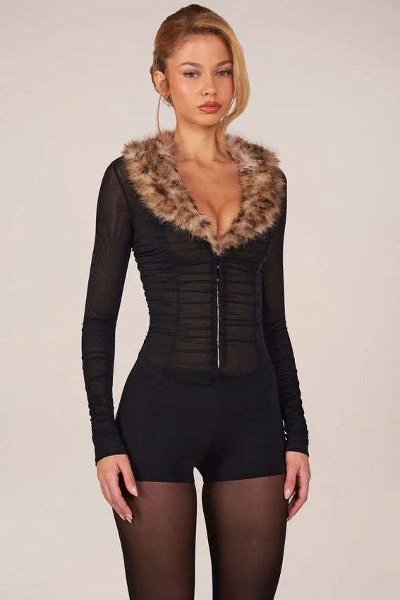 Loa Faux Fur-Trim Playsuit in Black Loa Faux Fur-Trim Playsuit in Black