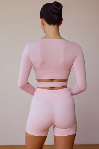 Long-Sleeve Wrap Crop Top in Soft Pink Long-Sleeve Wrap Crop Top in Soft Pink