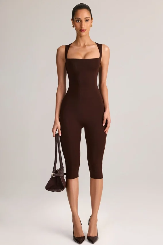 Luma Modal Square-Neck Bodycon Capri Jumpsuit in Chocolate Brown Luma Modal Square-Neck Bodycon Capri Jumpsuit in Chocolate Brown