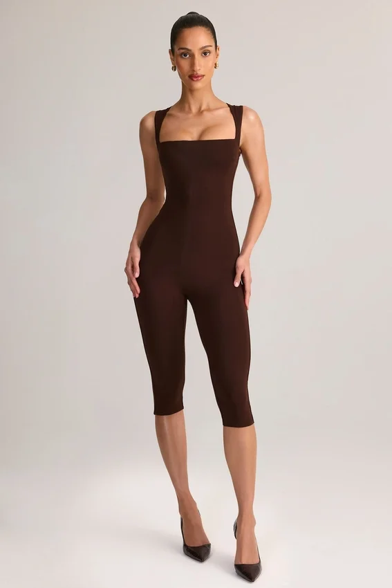 Luma Modal Square-Neck Bodycon Capri Jumpsuit in Chocolate Brown Luma Modal Square-Neck Bodycon Capri Jumpsuit in Chocolate Brown