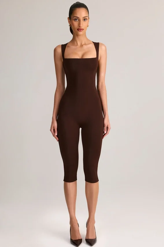 Luma Modal Square-Neck Bodycon Capri Jumpsuit in Chocolate Brown Luma Modal Square-Neck Bodycon Capri Jumpsuit in Chocolate Brown