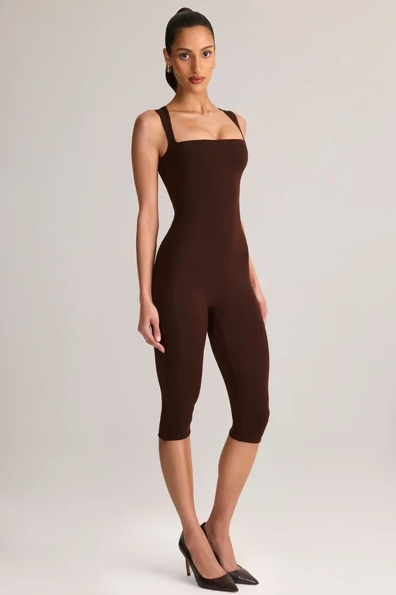 Luma Modal Square-Neck Bodycon Capri Jumpsuit in Chocolate Brown Luma Modal Square-Neck Bodycon Capri Jumpsuit in Chocolate Brown