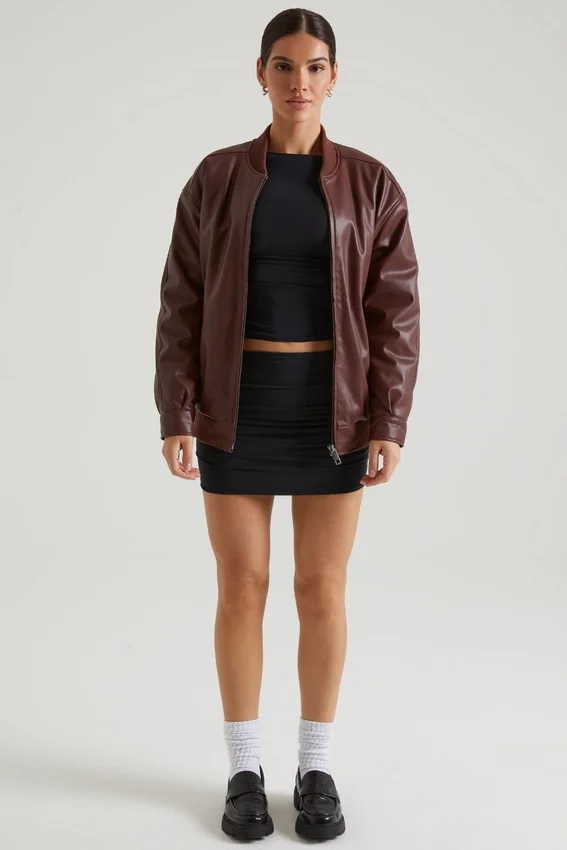 Maple Faux Leather Jacket in Brown Maple Faux Leather Jacket in Brown