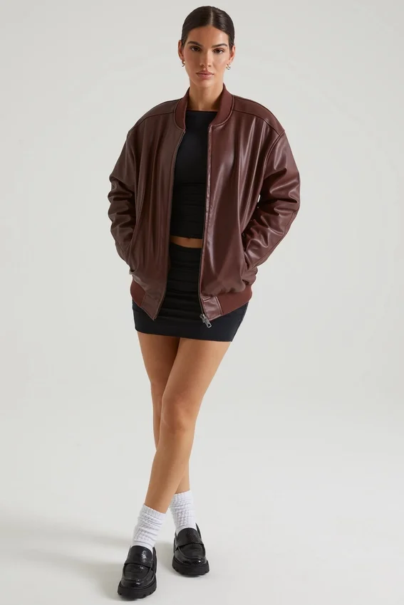 Maple Faux Leather Jacket in Brown Maple Faux Leather Jacket in Brown