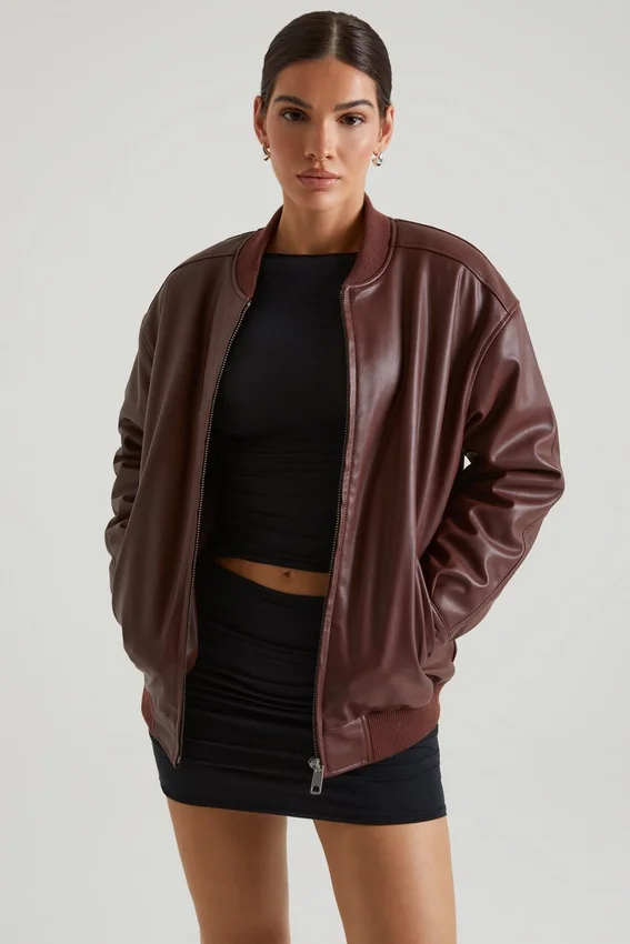 Maple Faux Leather Jacket in Brown Maple Faux Leather Jacket in Brown