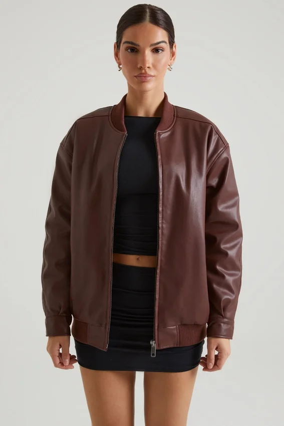 Maple Faux Leather Jacket in Brown Maple Faux Leather Jacket in Brown