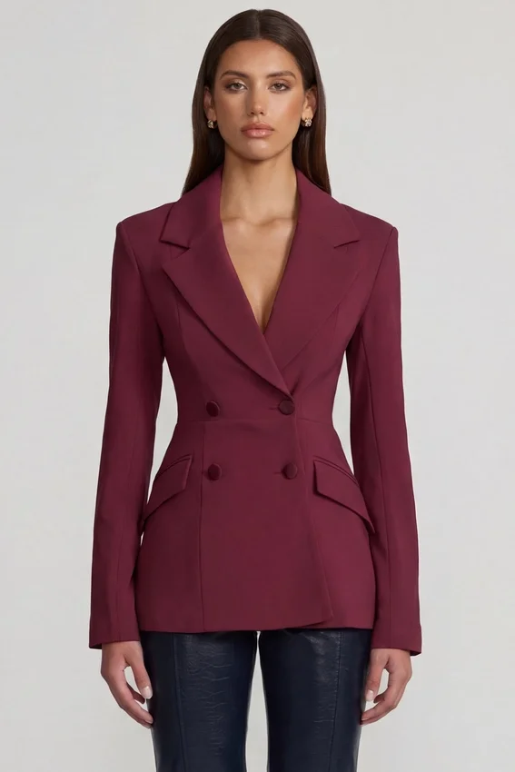 Marika Structured Double-Breasted Blazer in Burgundy Marika Structured Double-Breasted Blazer in Burgundy